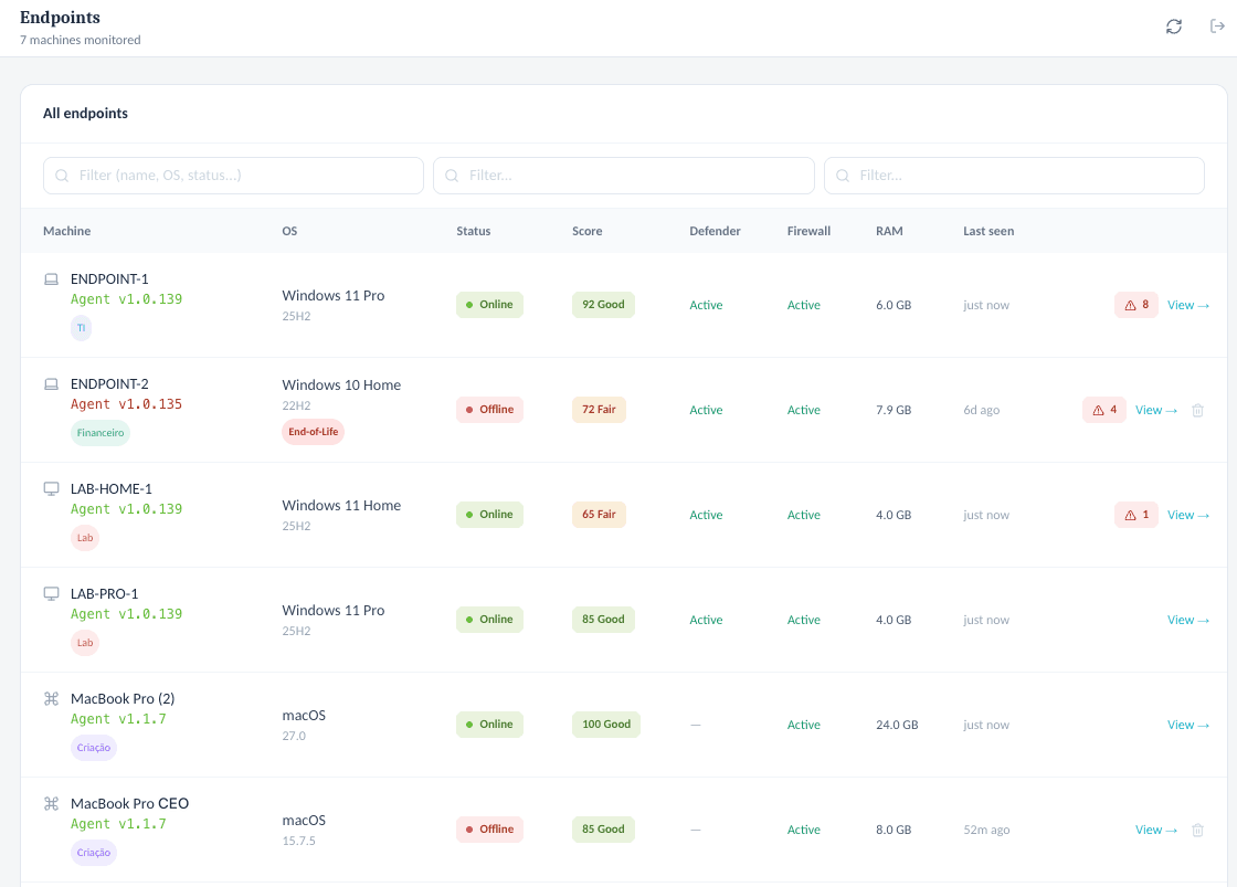 Painel de endpoints do SwiftEye